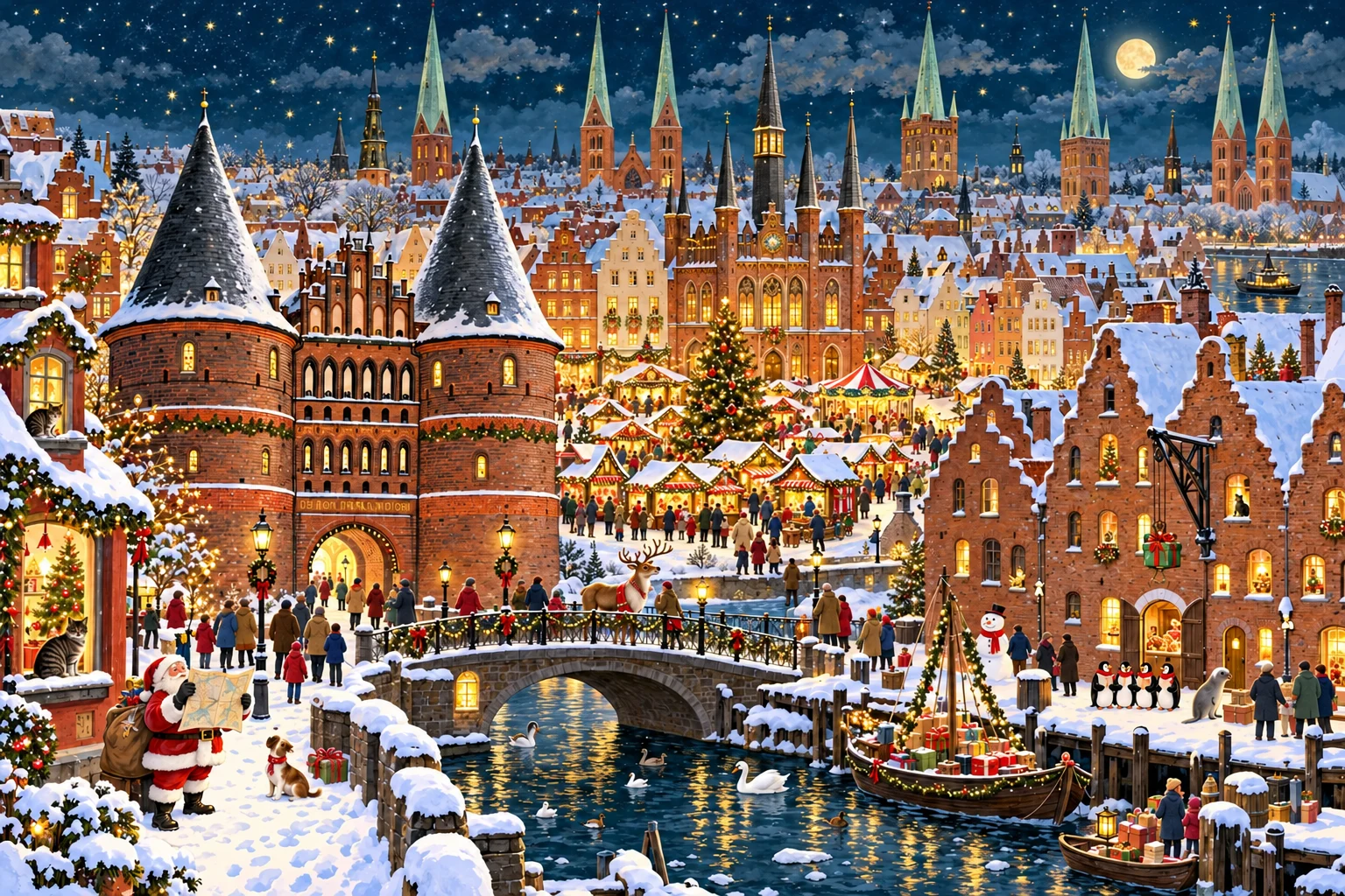 Weihnachtliches Lübeck als fantasievolles Wimmelbild: verschneites Holstentor, Weihnachtsmarkt, Salzspeicher, beleuchtete Gassen und die Trave. Kleine eigenständige Szenen laden zum Entdecken ein.